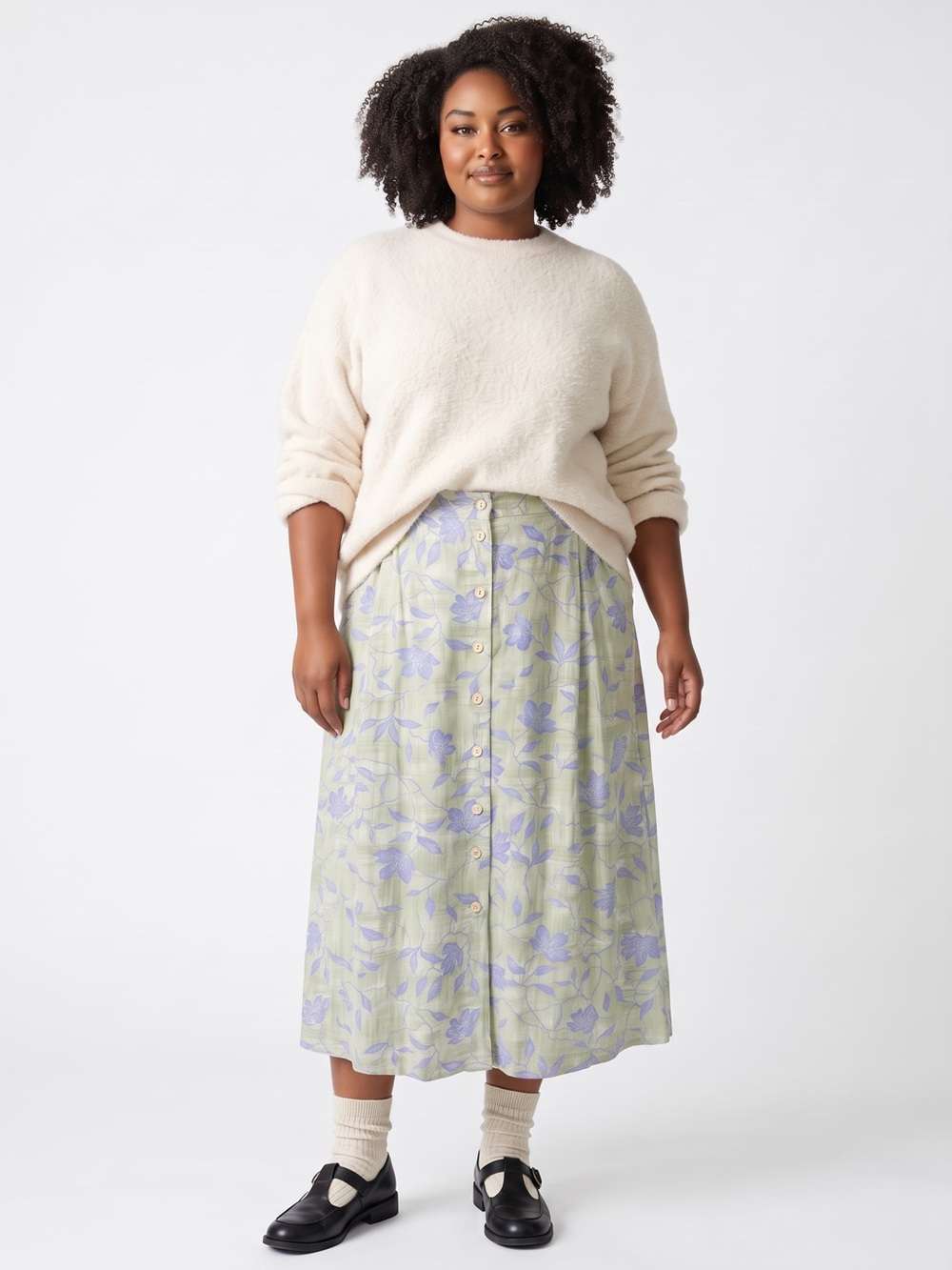 Vintage Sag Harbor Green Blue Floral Button Front Midi Skirt 2X Modest Boho